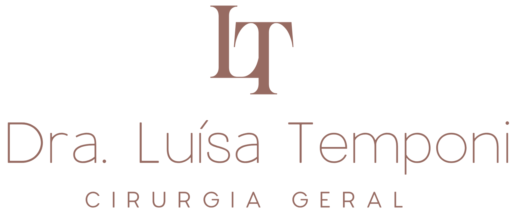Logotipo com &ldquo;LT&rdquo; e o texto &ldquo;Dra. Luisa Temponi&rdquo; e &ldquo;Cirurgia Geral&rdquo; em rosa claro sobre fundo branco.