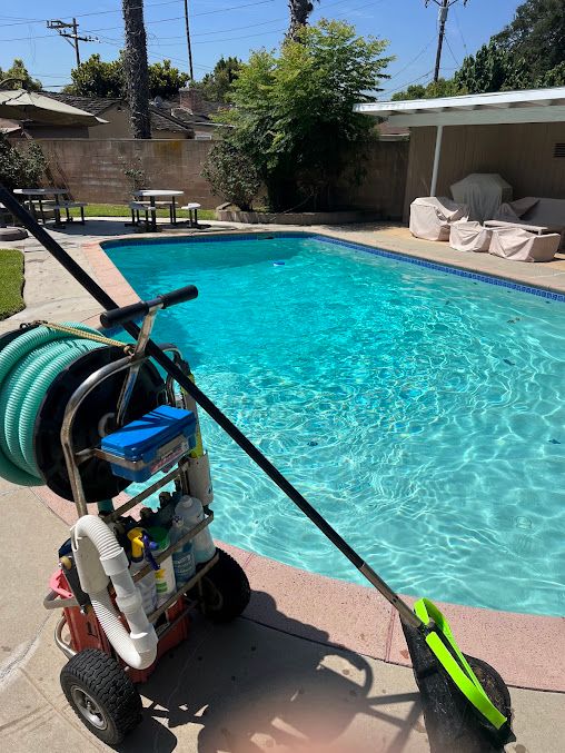 Pool-cleaning cart beside a turquoise backyard pool on a sunny day