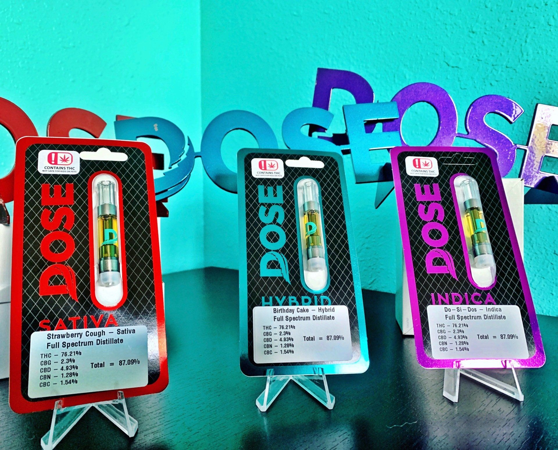 Three different types of dose cartridges are on display