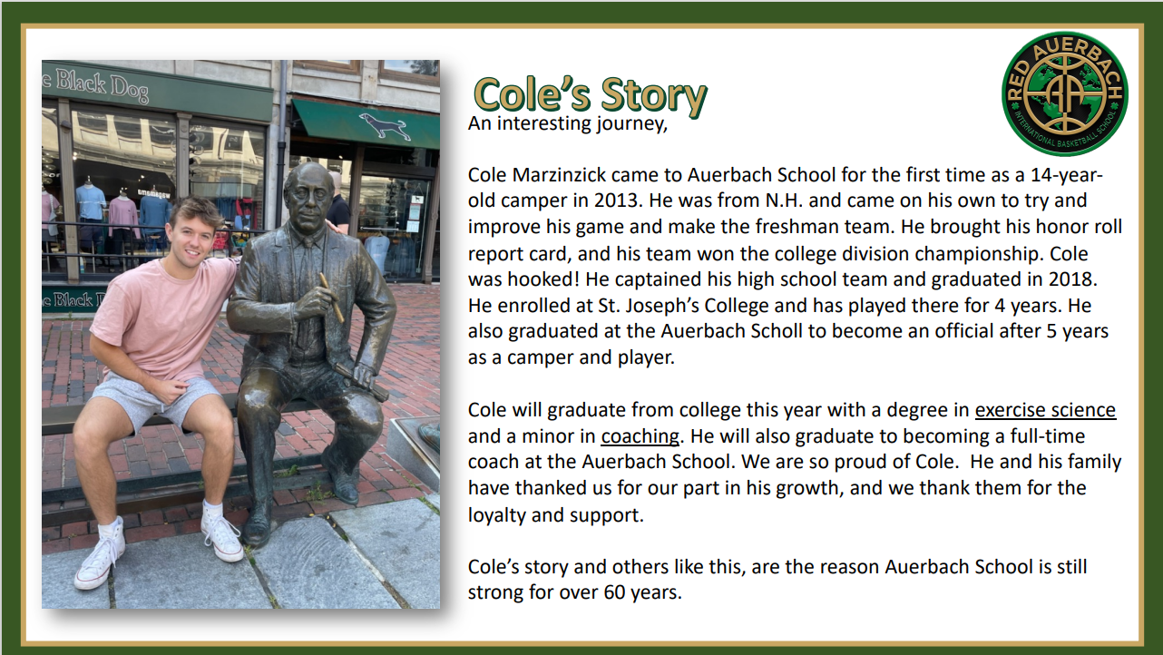 A picture of a man sitting next to a statue with the caption cole 's story