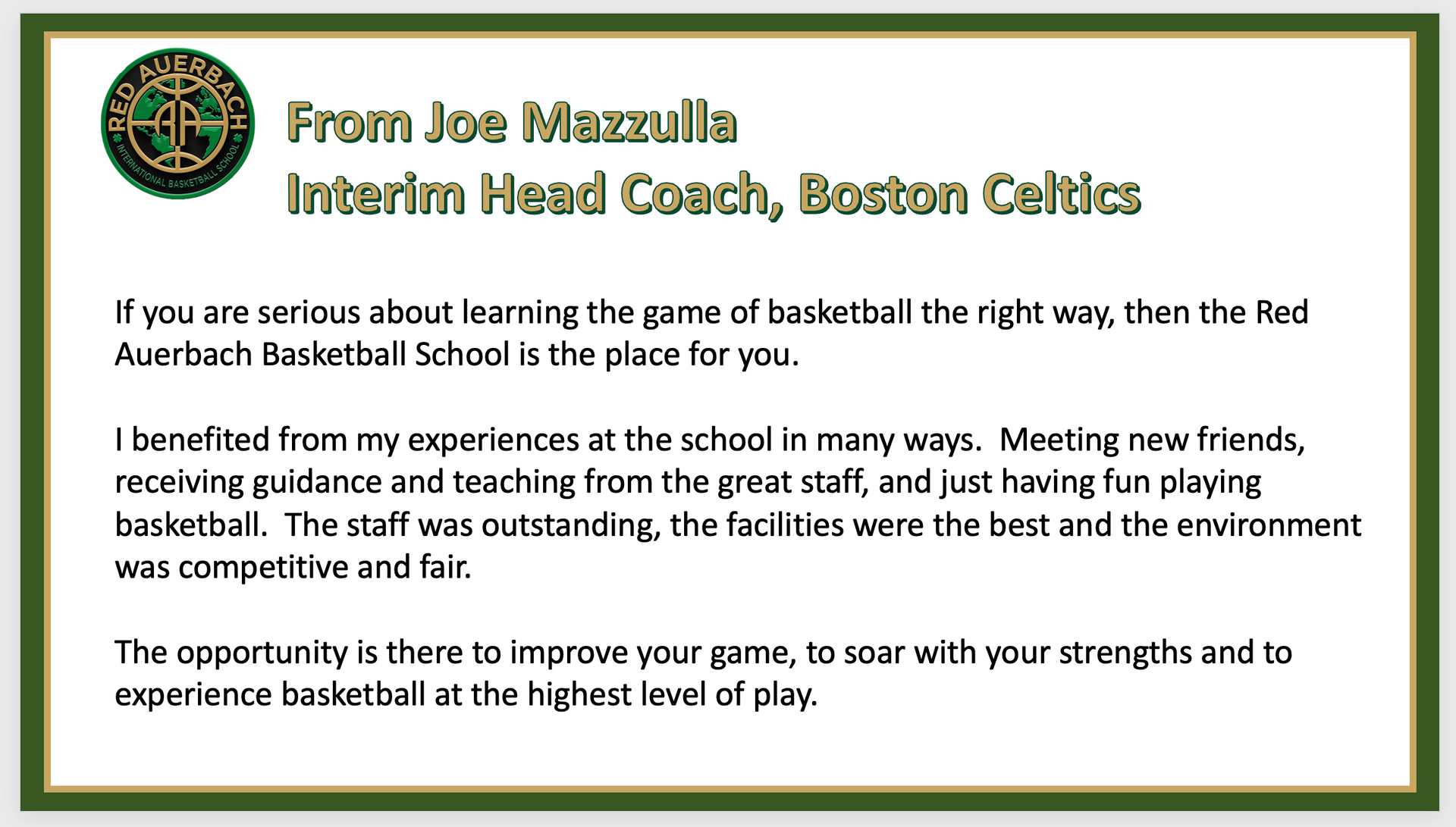 A letter from joe maxzilla interim head coach boston celtics