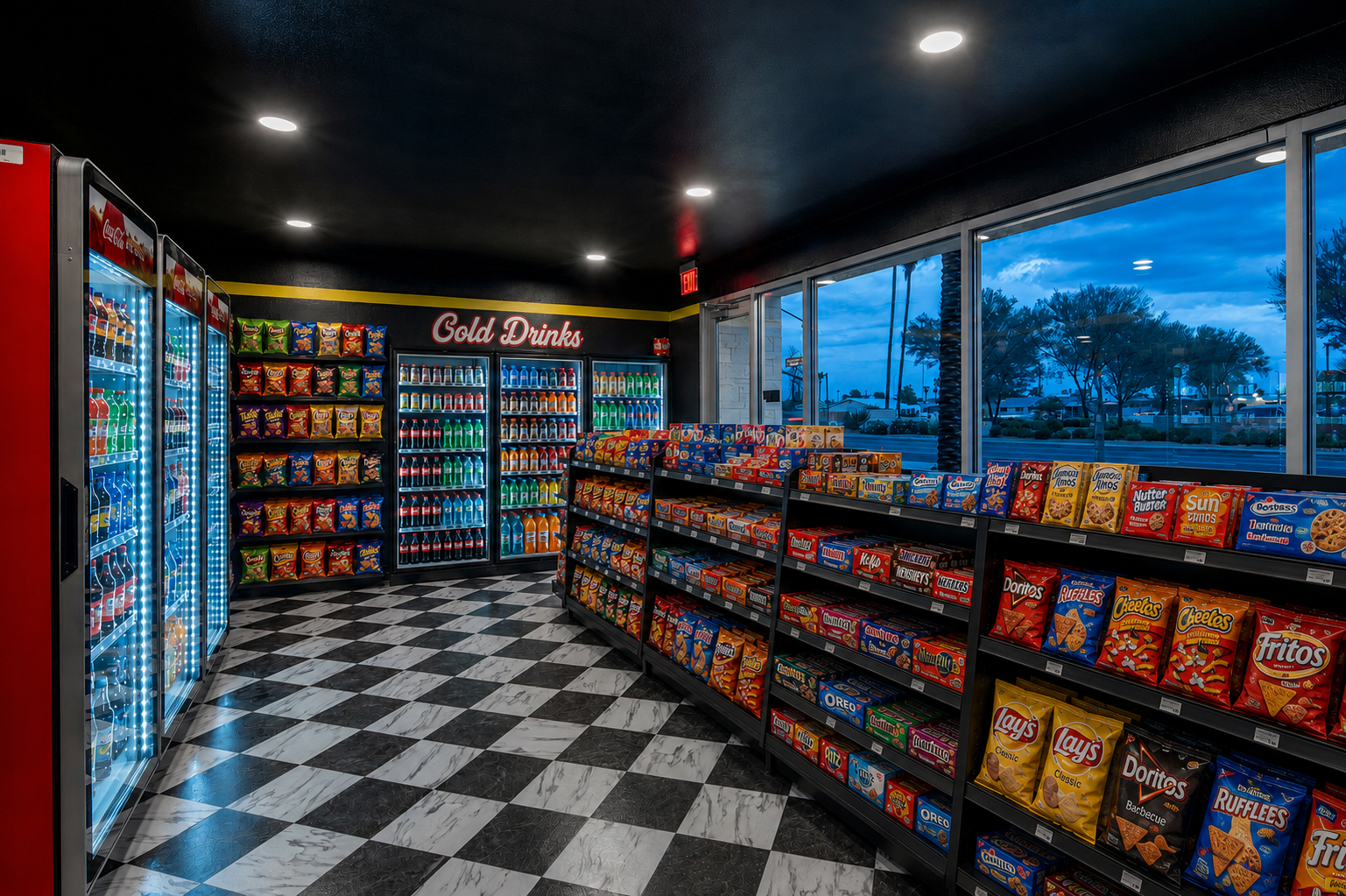 Indoor community lounge with a black-and-white checkered floor, vending machines, and large glass windows.