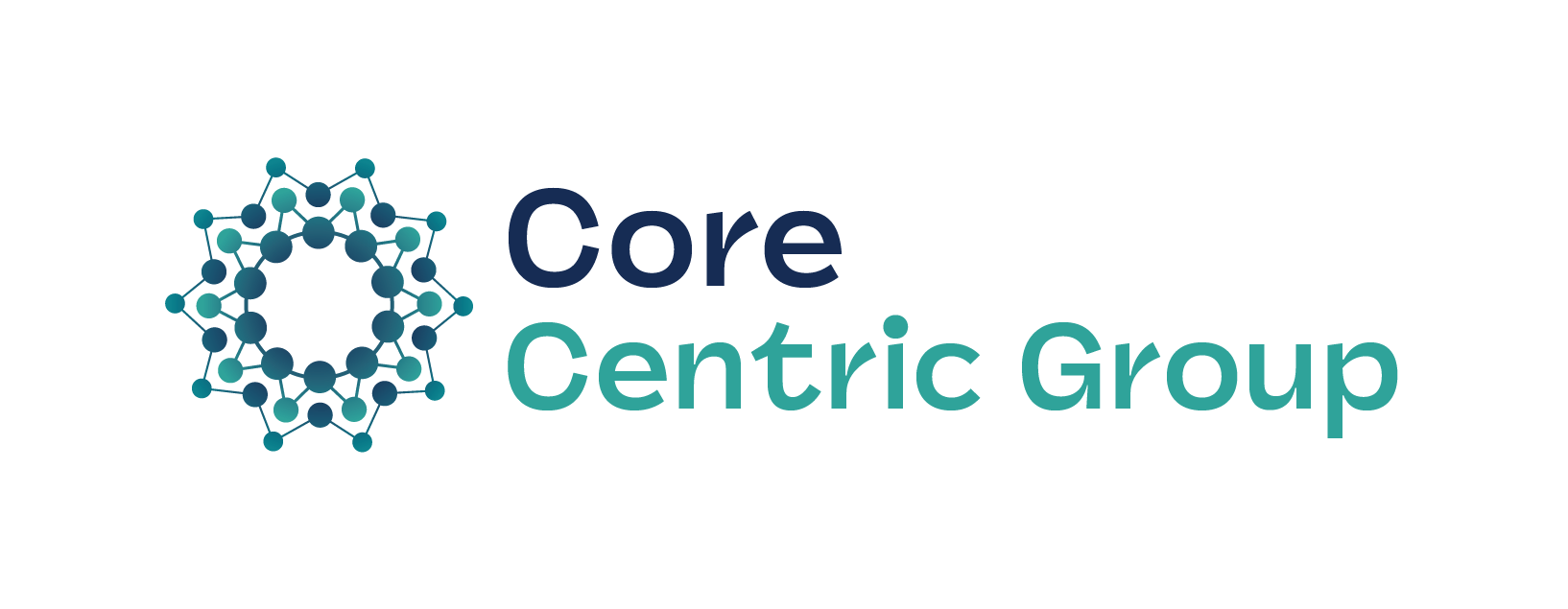 Logo for Core Centric Group with an abstract circular design in teal and navy, text in navy and teal.
