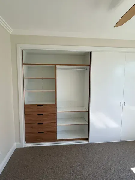 Built-in White and Wood-toned Closet With Sliding Doors — JRB Joinery In Kew, NSW