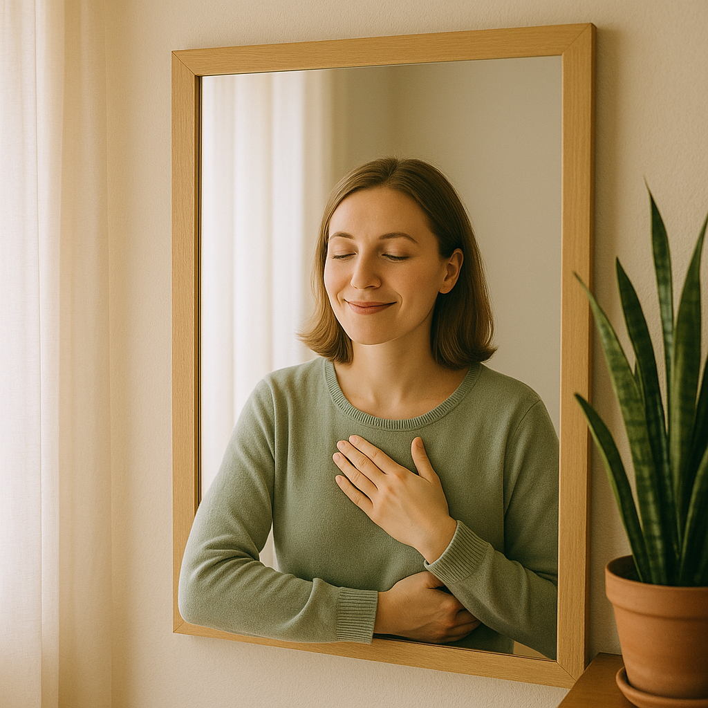 woman gazing through mirror expressing self love