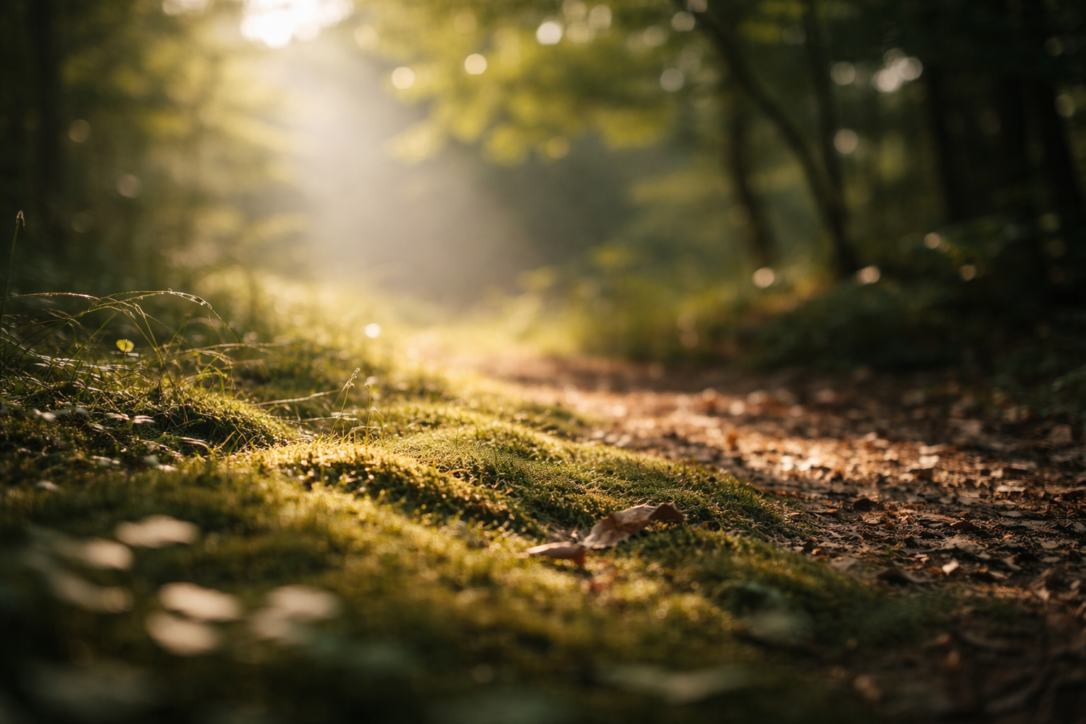 Dappled sunlight on mossy forest floor
