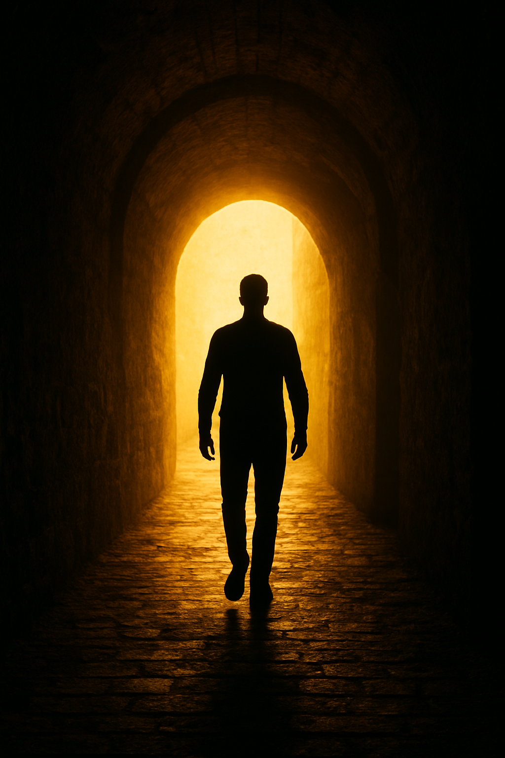 A lone figure steps toward a golden glow at the end of a stone passageway