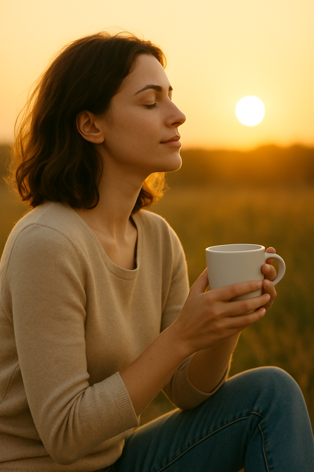A young woman with shoulder-length brown hair sits peacefully in a sunlit field at sunset