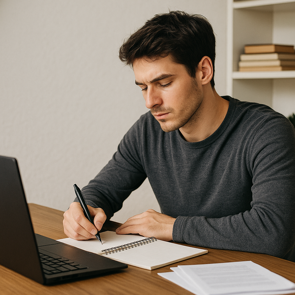 A focused young man sits at a wooden desk writing in a notebook beside an open laptop