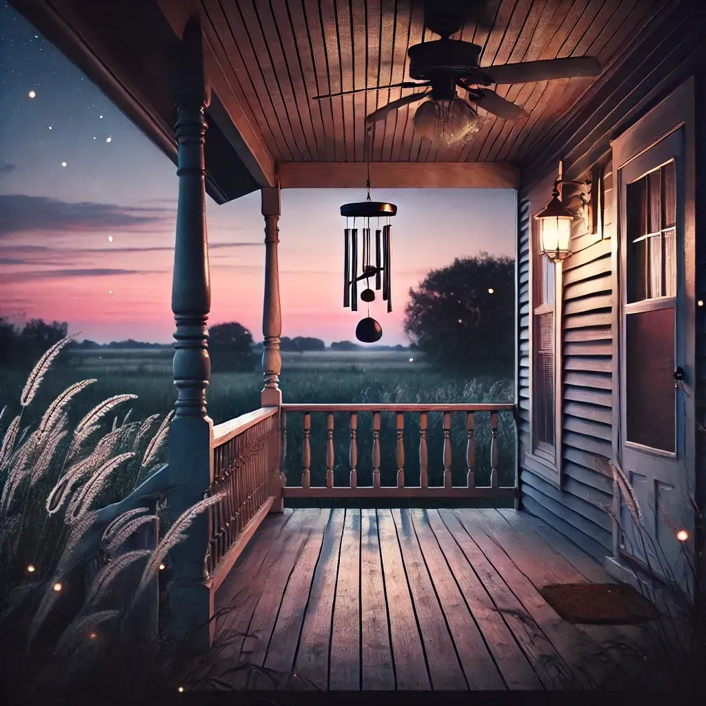 A Windchime hanging on the porch of a rustic wooden home with a sunset in the back