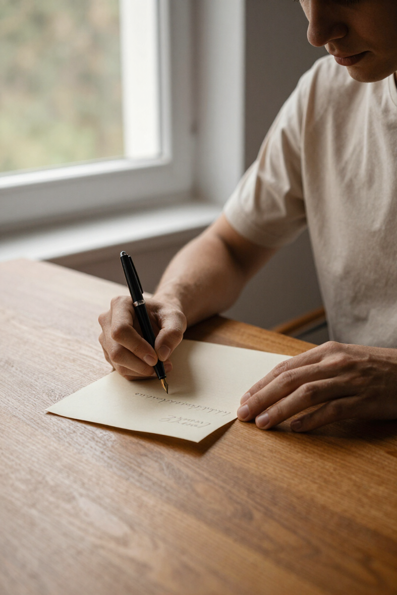 Person writing a handwritten letter at a wooden desk with warm natural light
