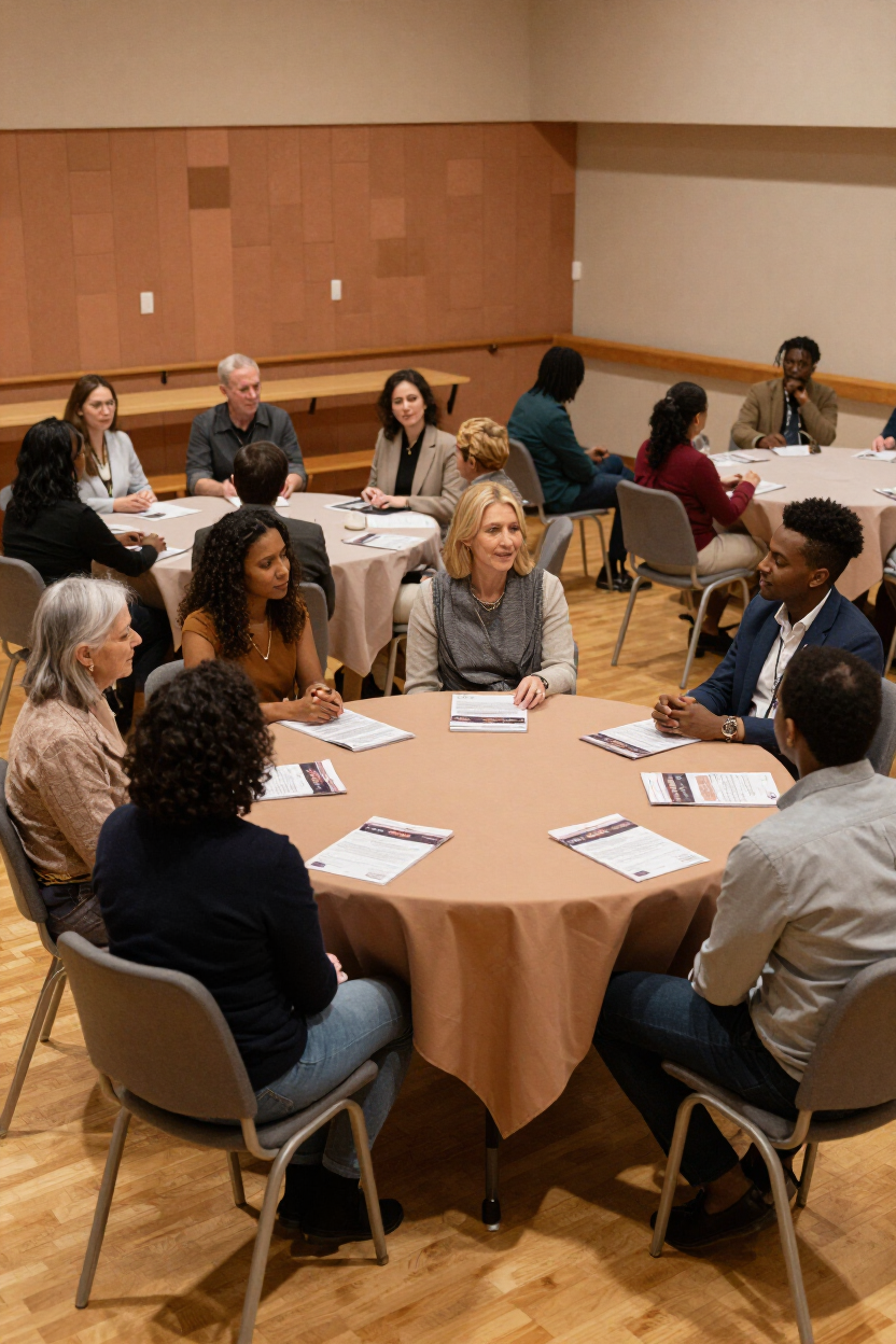 Diverse faith community gathering in a bright community hall
