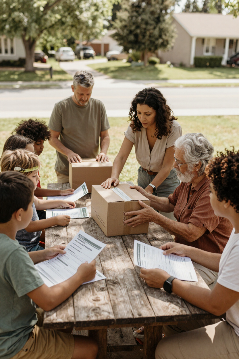 Community members organizing preparedness supplies at a neighborhood table