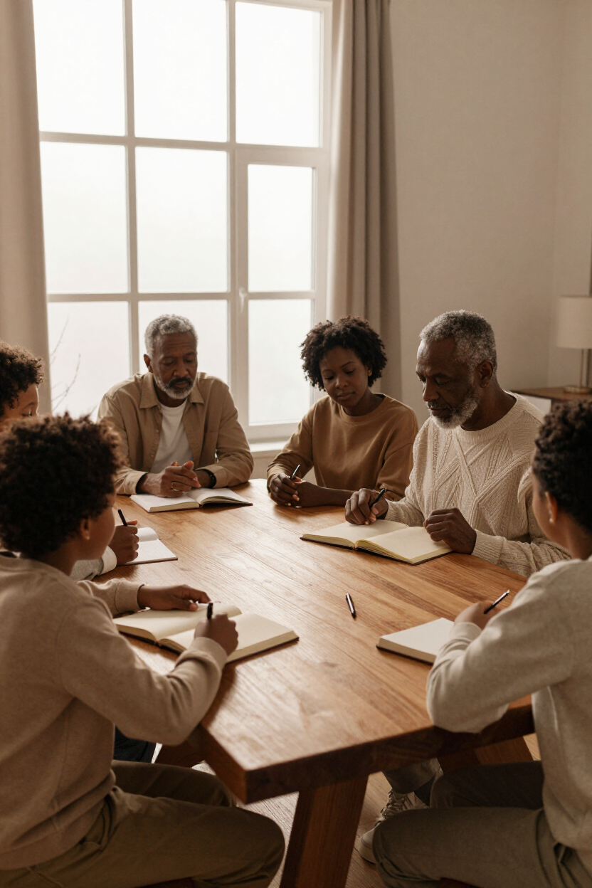 Multigenerational family gathered around a table with Bibles and notebooks