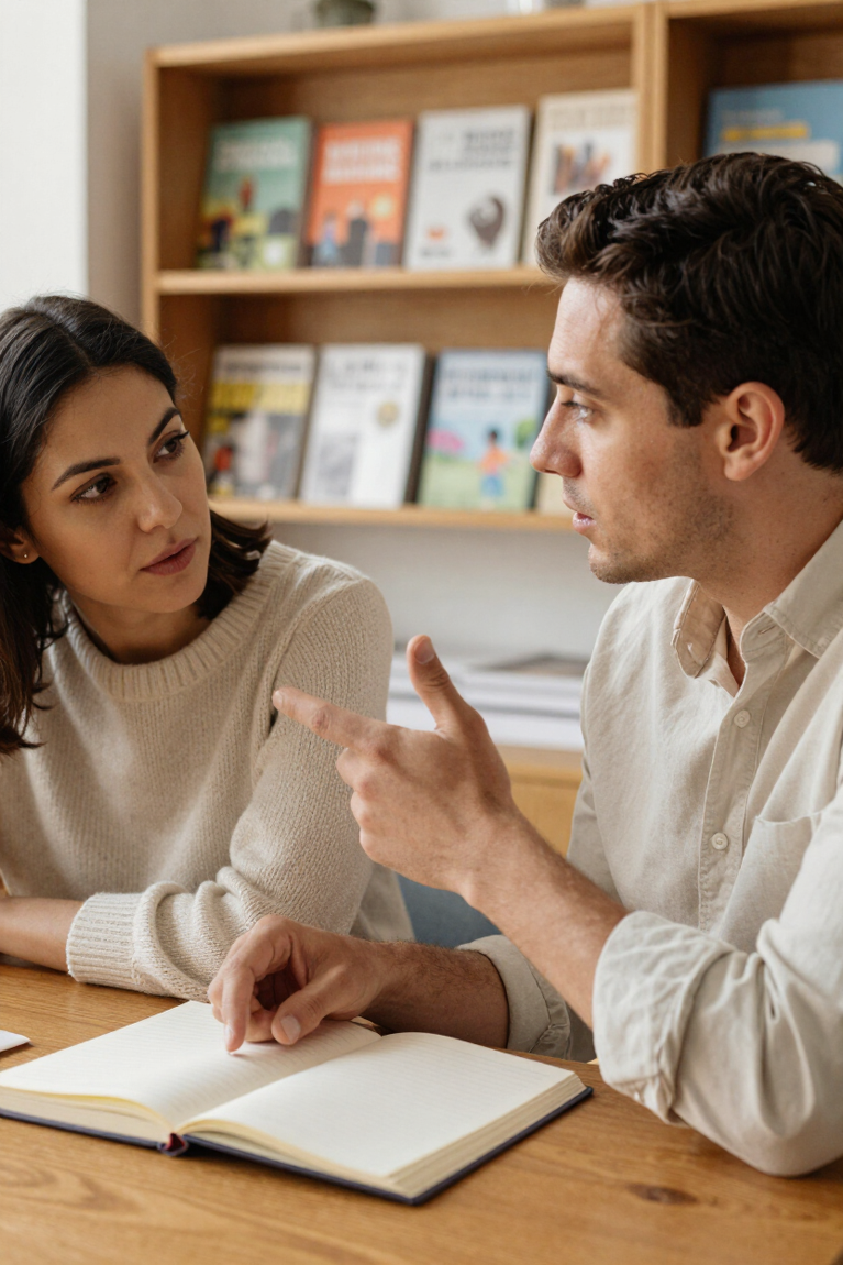 Two people in a community space, one explaining from an open notebook