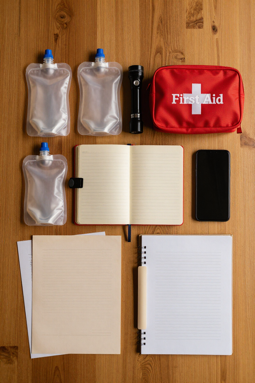Family preparedness kit flat lay on warm wood table