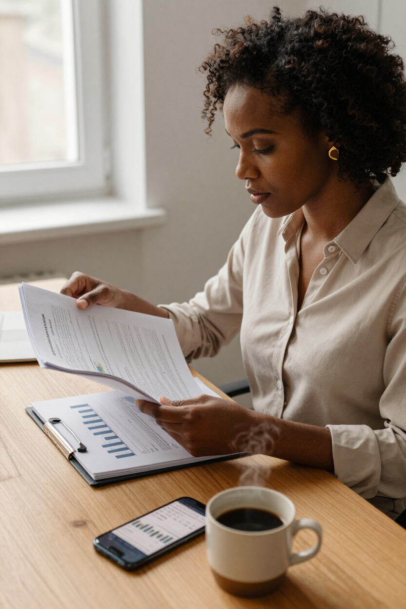 Woman reviewing preparedness binder and financial planning app