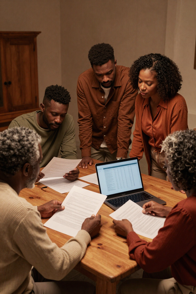 Multigenerational family reviewing preparedness documents together