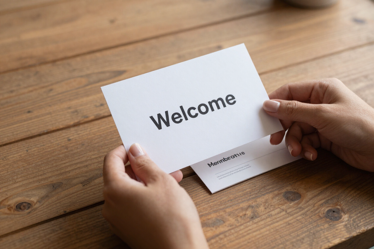 Welcome membership packet on a warm wooden table