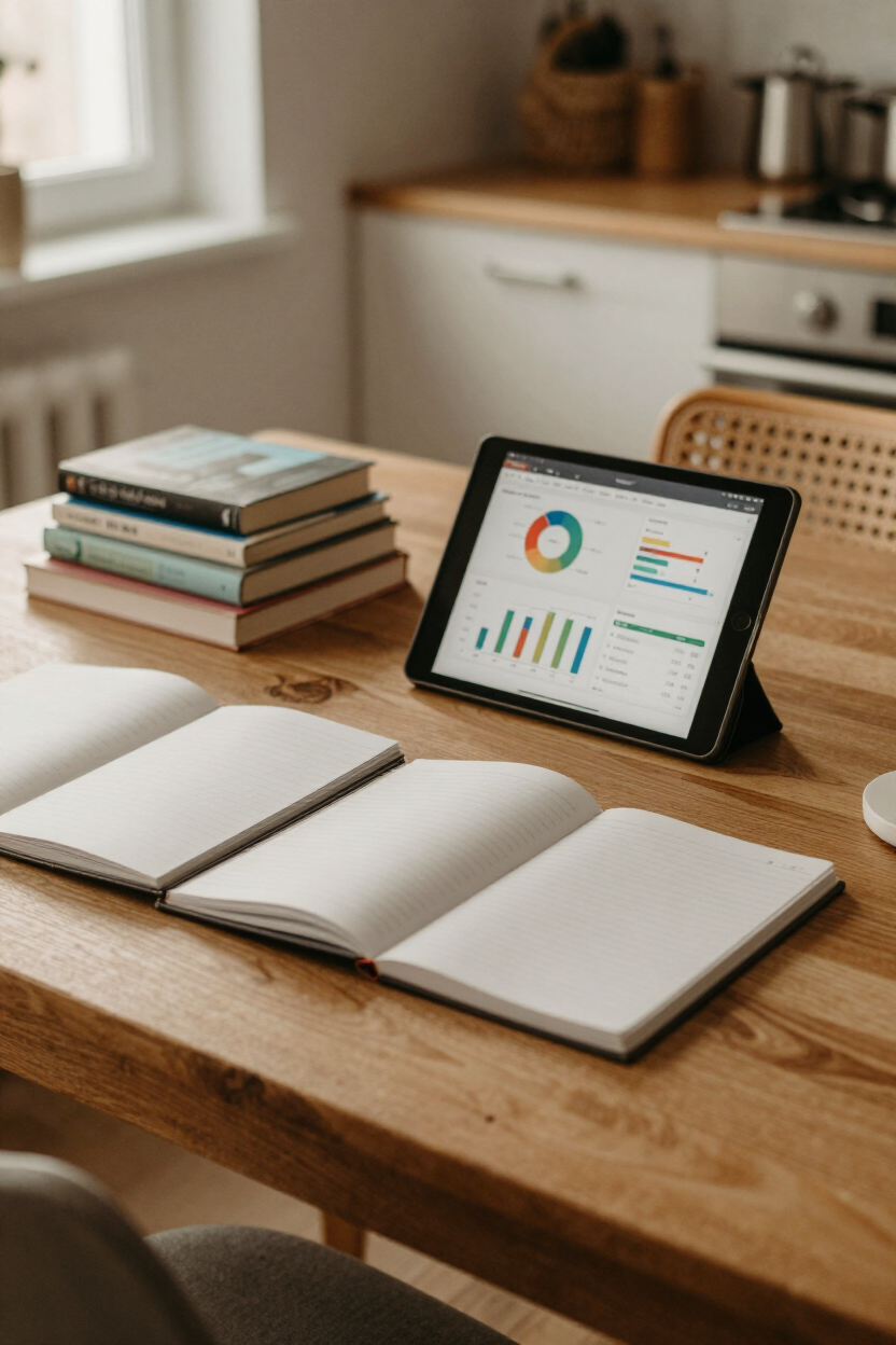 Family gathered at kitchen table with notebooks, tablet, and books