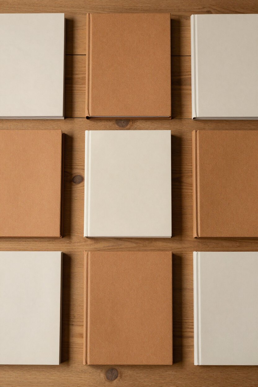 Flat-lay of printed guides, hardcover book, and periodical on wooden surface