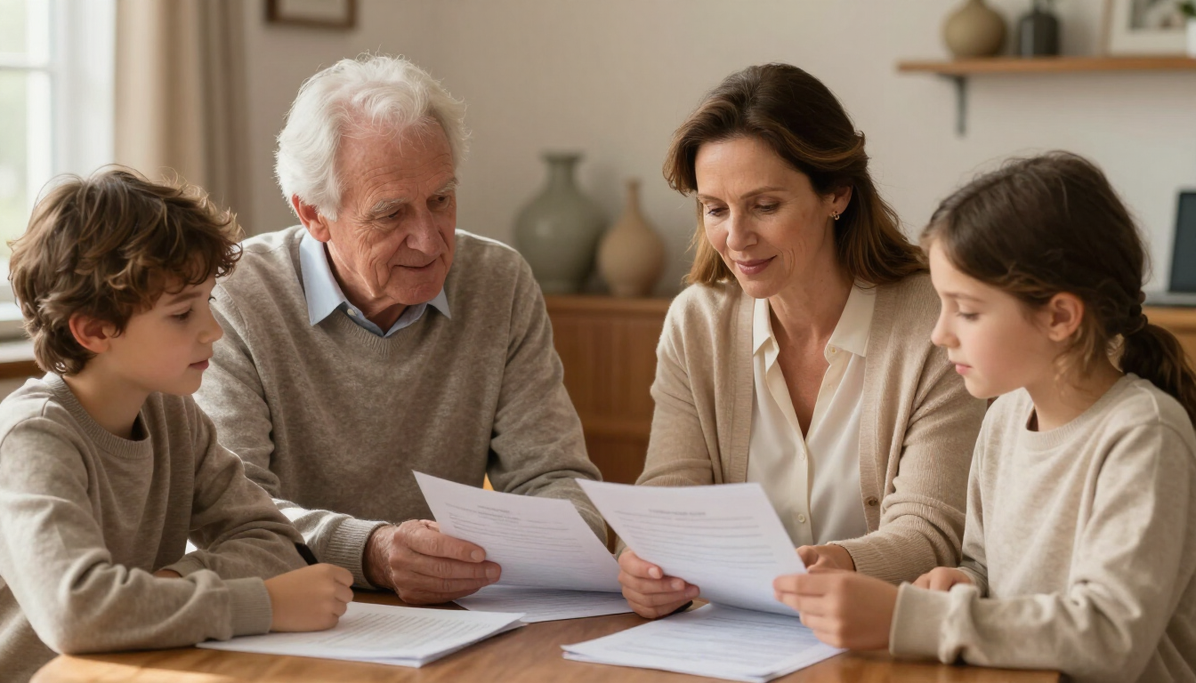 Multigenerational family reviewing documents together indoors