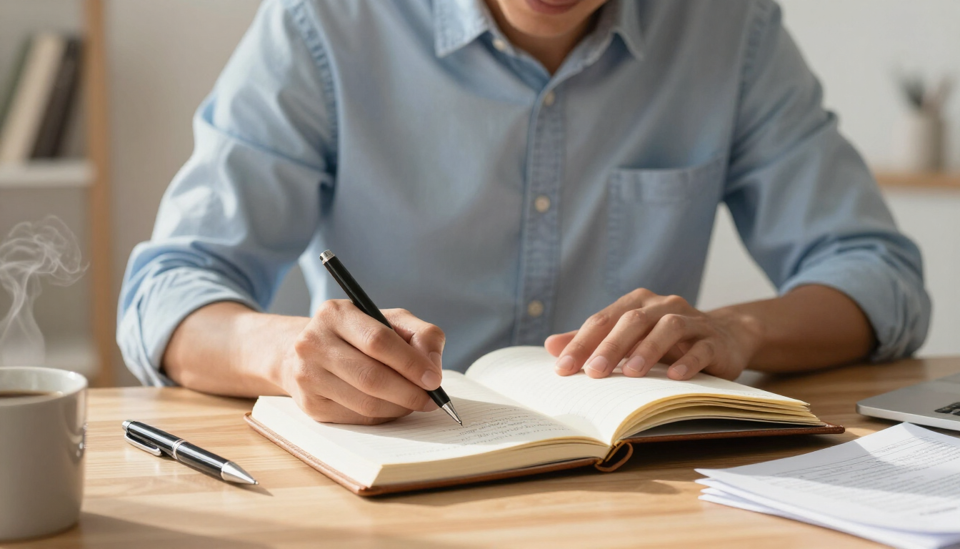 Person writing in a financial journal at a sunlit desk