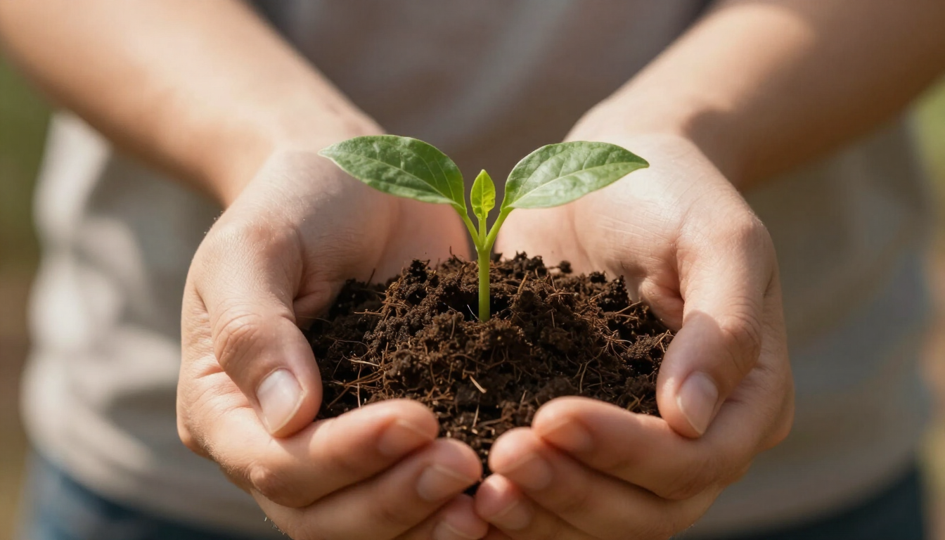 Hands holding a small plant in rich soil with warm light