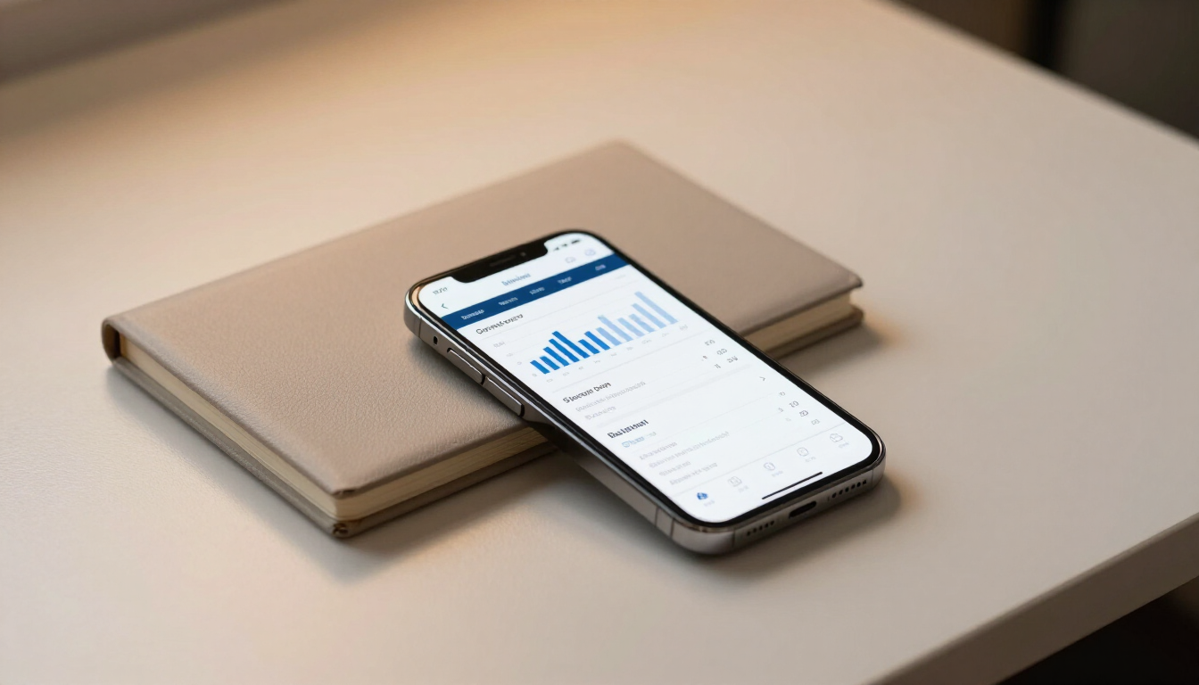 Smartphone and notebook on a clean desk showing a budget app