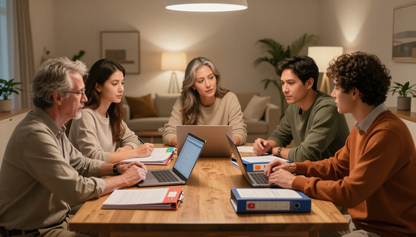 Family reviewing emergency binders and laptop at table
