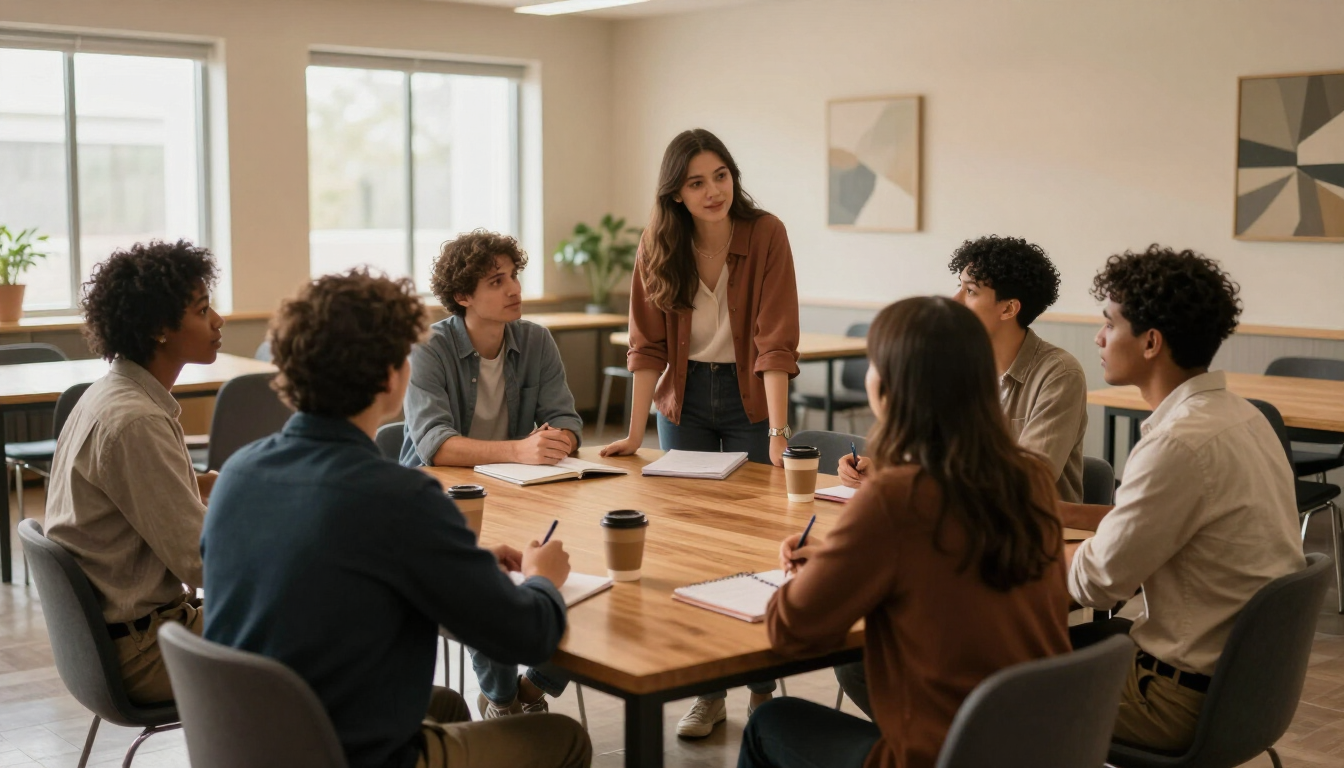 Group of people in a community center engaged in discussion