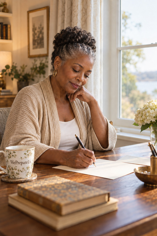 Person writing a handwritten letter at a wooden desk with warm natural light