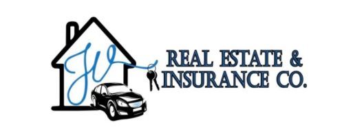 Logo for J.. Real Estate & Insurance Co., featuring a house, car, keys, and text in blue and black.