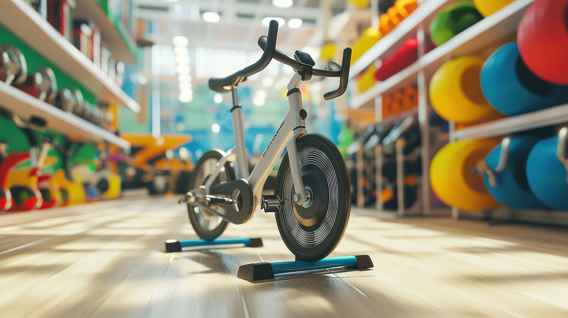White bike, at fitness store display. White bike, at fitness store display.