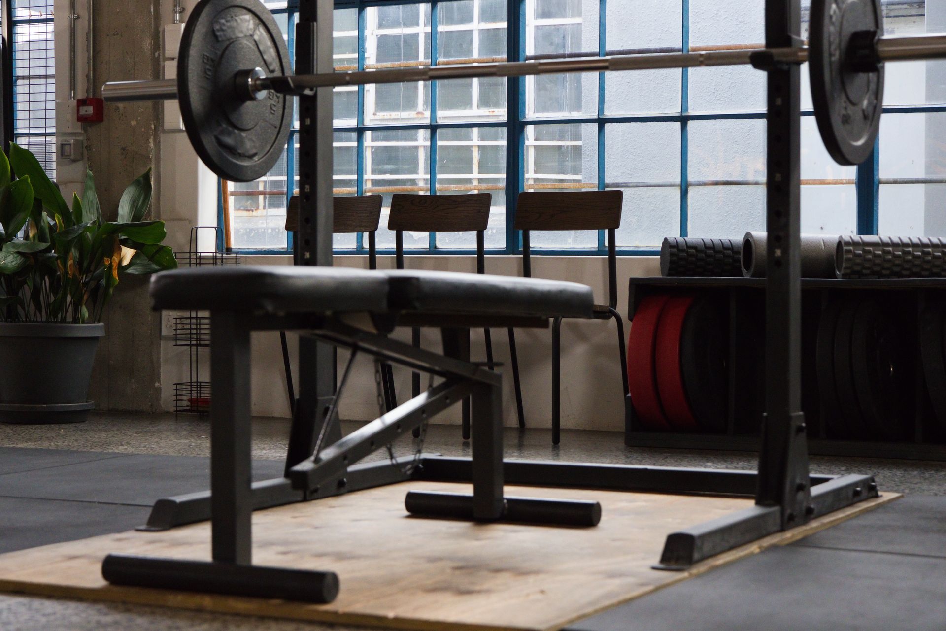 Weight bench and barbell rack in a gym awaiting fitness equipment repair