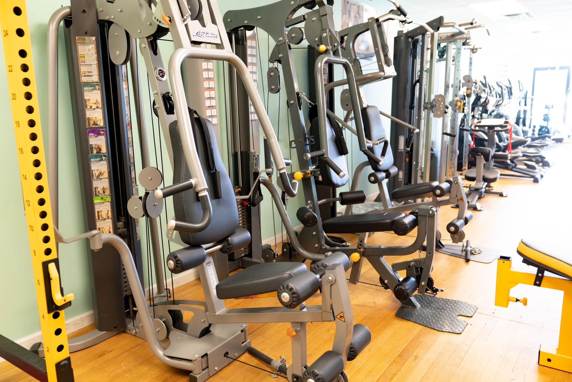 Row of exercise machines in a brightly lit gym with wood floors.