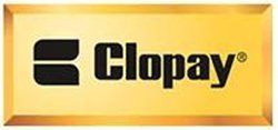 A close up of a clopay logo on a white background.