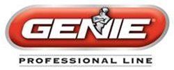 A red and white genie professional line logo on a white background.