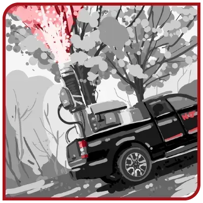 Un camion noir roule sur une route à côté d'un arbre envoyant le traitement contre les chenilles processionnaires 