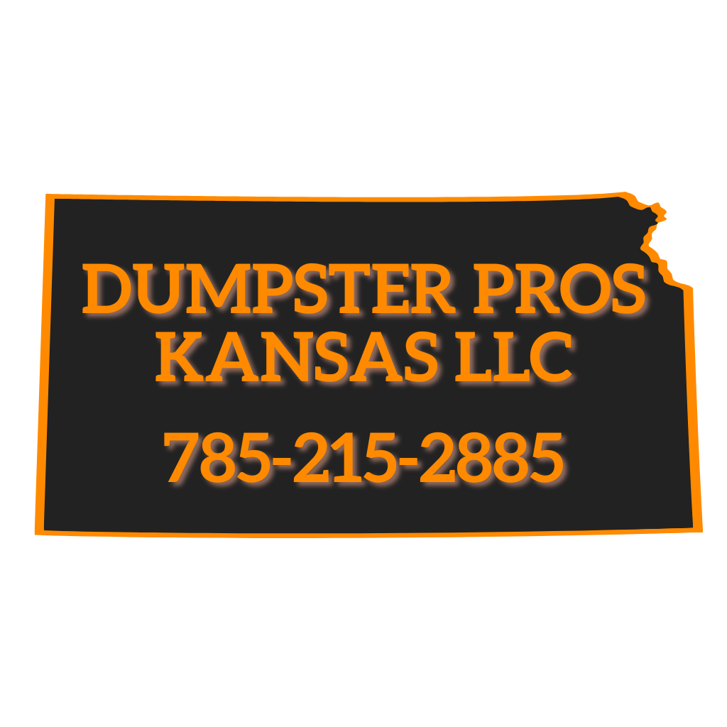 The text "DUMPSTER PROS KANSAS LLC 785-215-2885" in orange letters on a black Kansas-shaped background.
