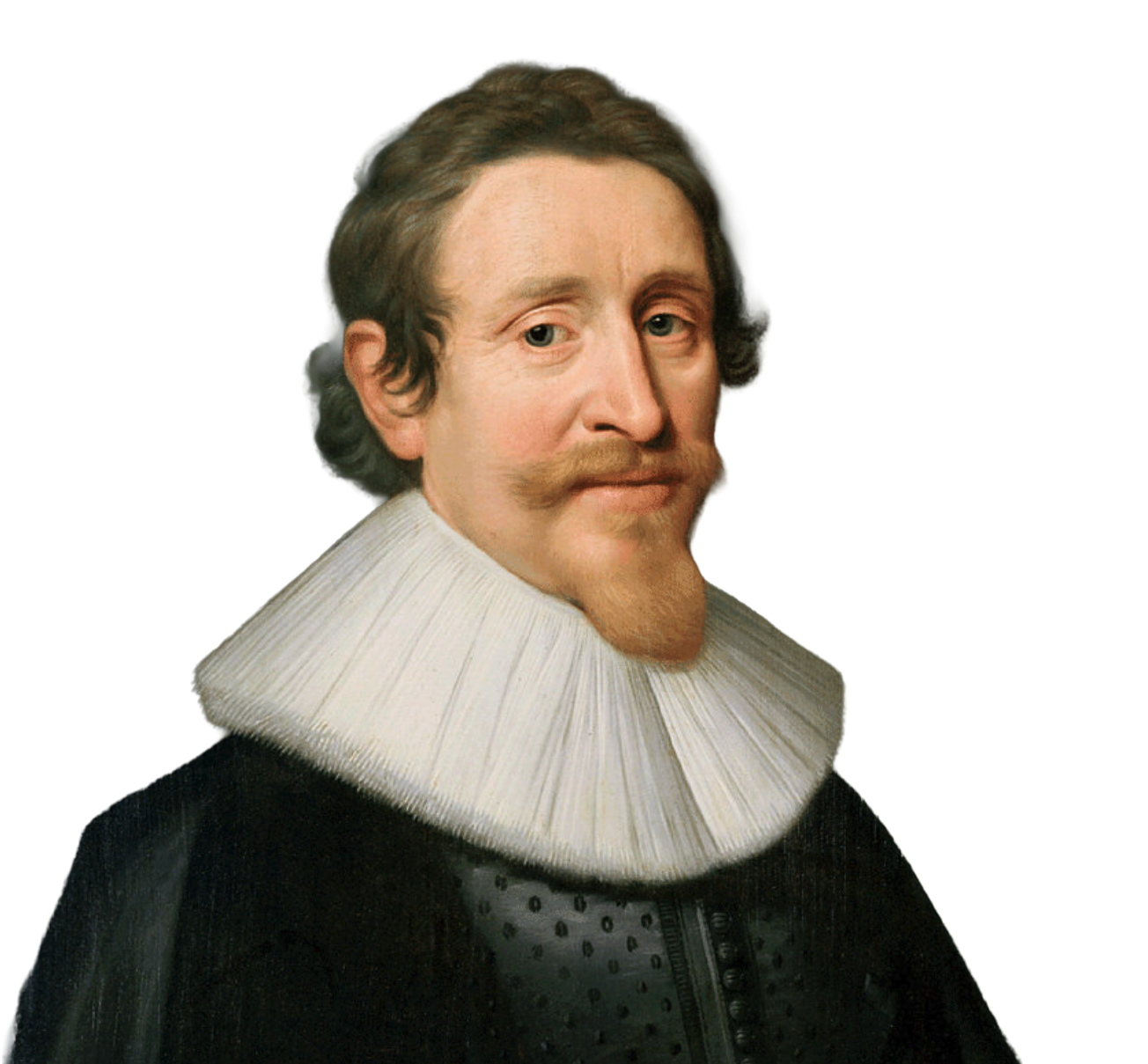 Portret van een man in donkere kleding met een grote witte kraag en snor.