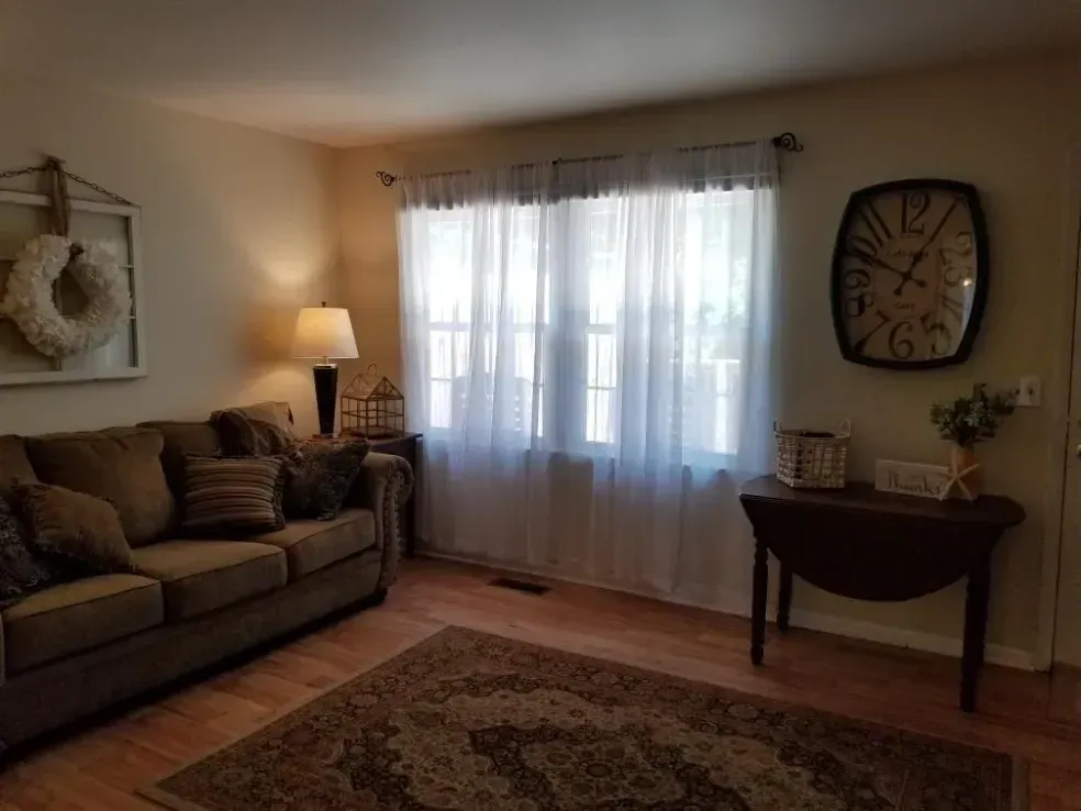 Cozy living room with brown sofa, lamp, window with sheer curtains, wall clock, and decorative rug