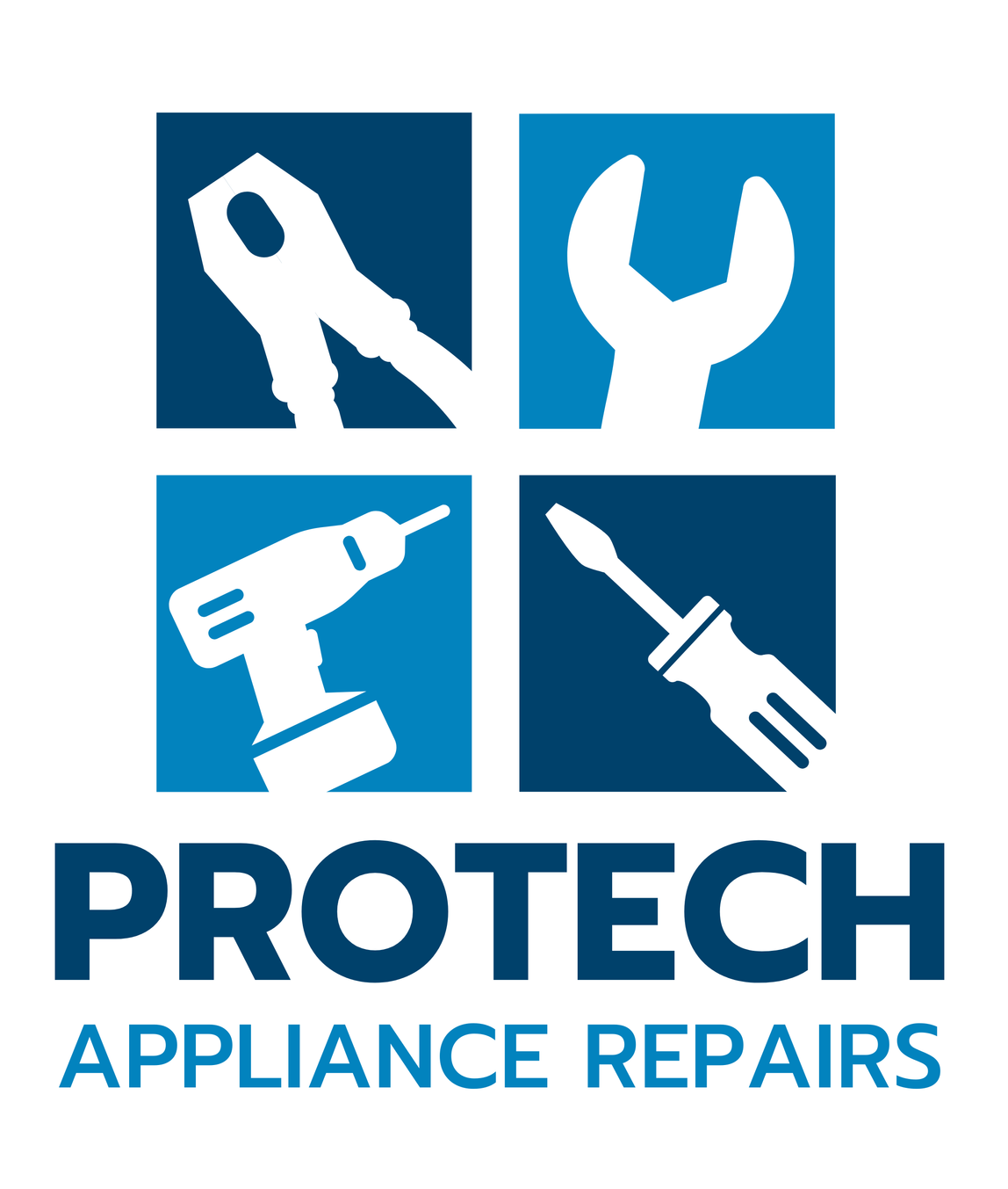The logo for protech appliance repairs shows a drill , wrench , screwdriver and screwdriver.