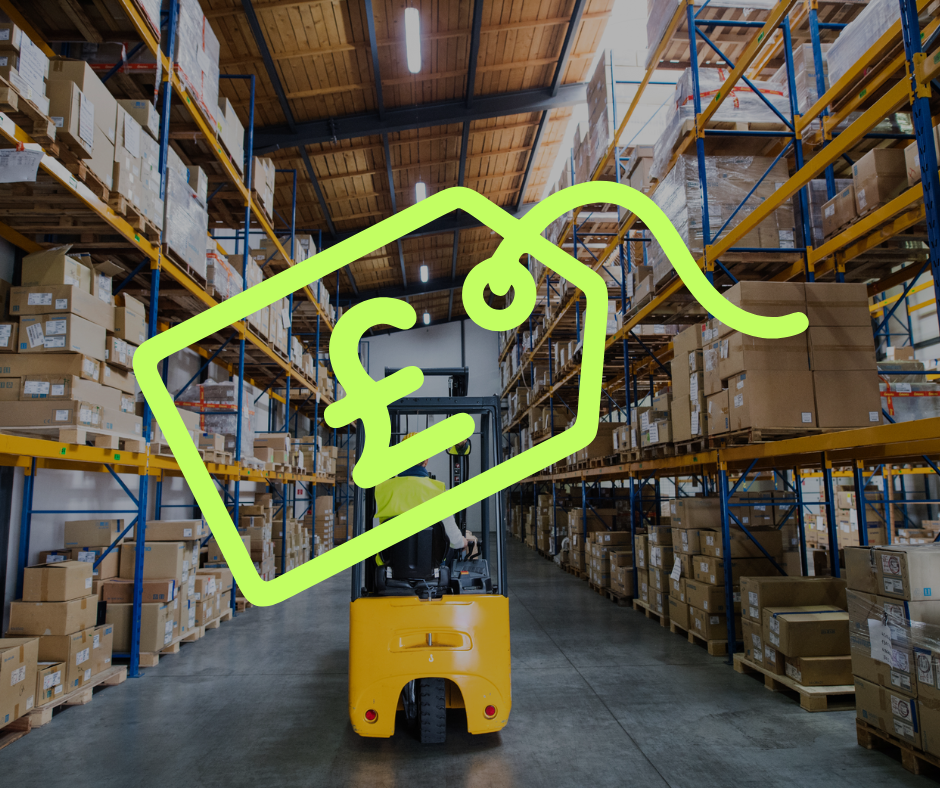 Warehouse with a forklift and an overlay of a price tag icon with a pound symbol.