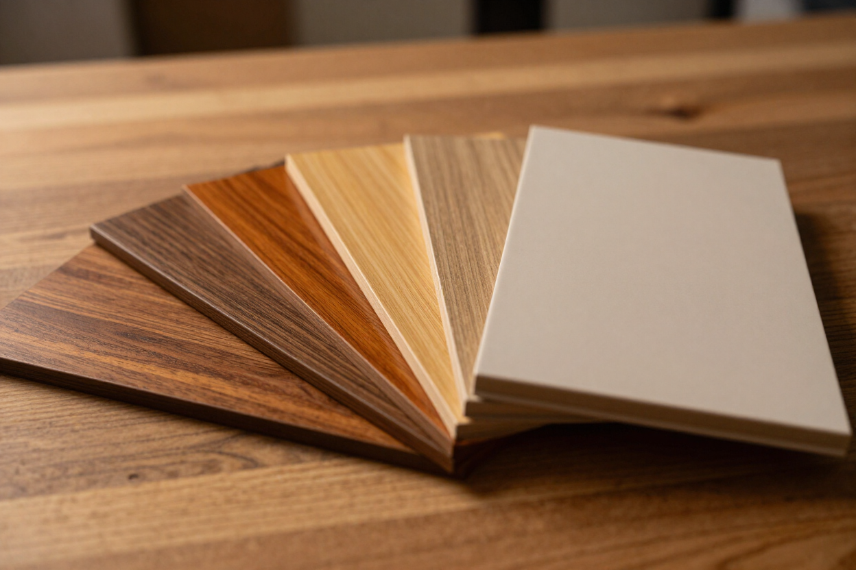 Fan of wood and beige material samples on a wooden table