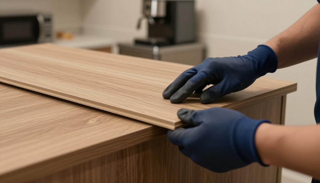 Gloved hands installing a wood-look countertop on a cabinet in a workshop