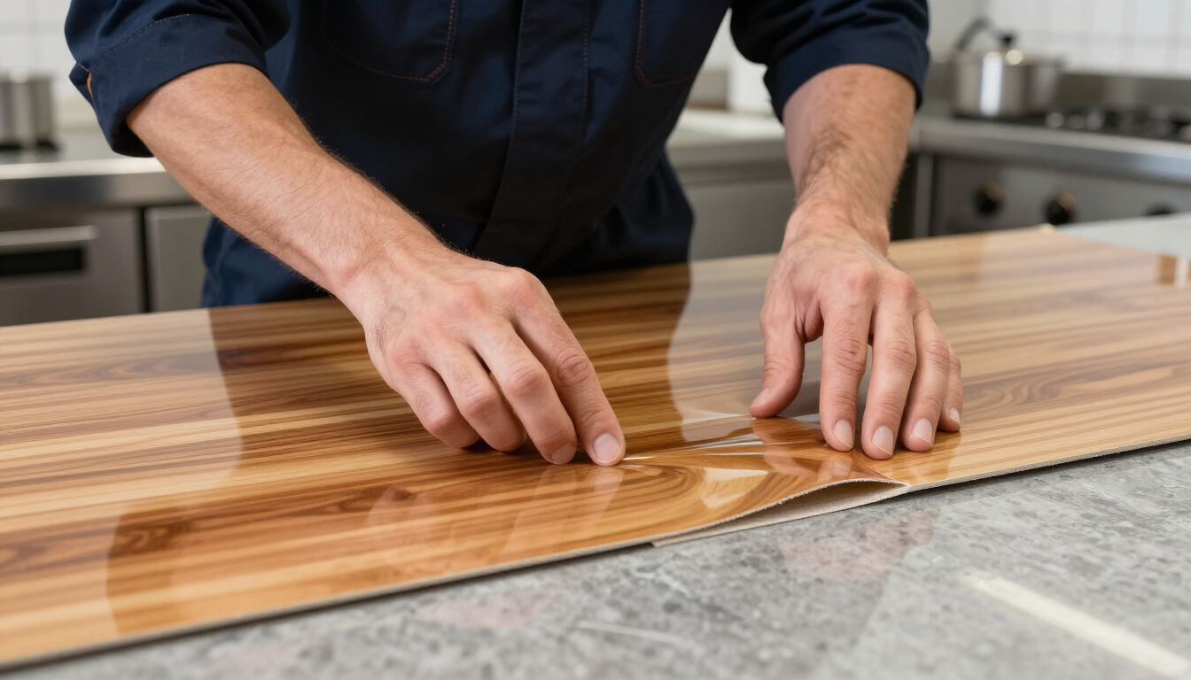 Hands smoothing a wood countertop on a kitchen workbench