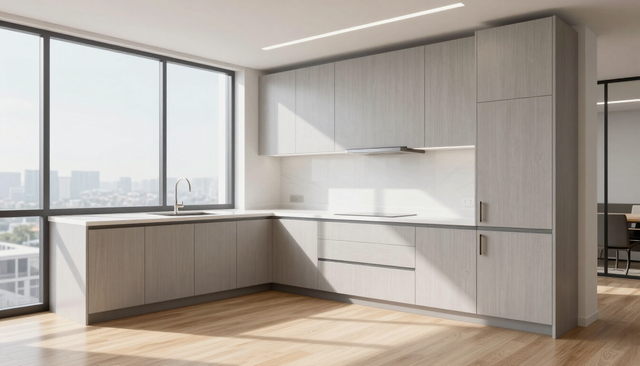 Bright modern kitchen with white cabinets, wood accents, and large windows overlooking a city skyline