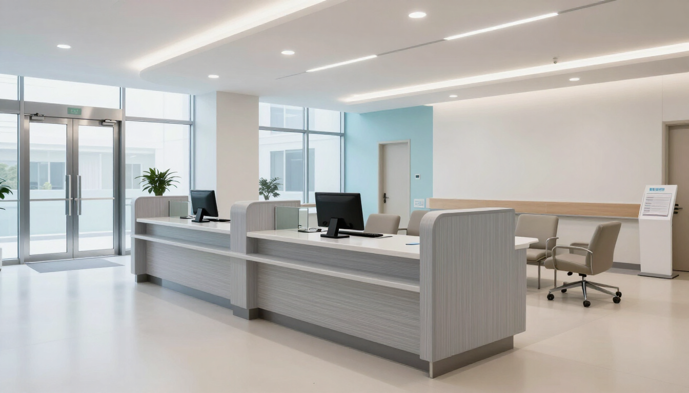 Modern empty office reception area with white desks, chairs, and large windows