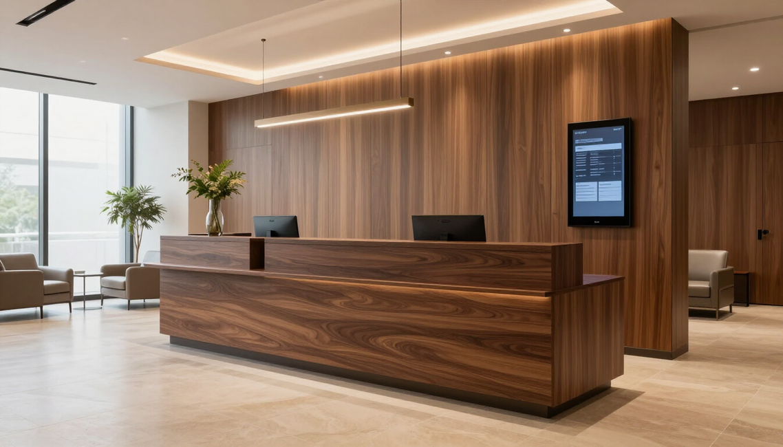 Modern hotel lobby with a large wooden reception desk and wall-mounted digital check-in screen
